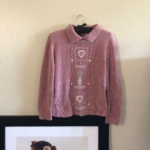 80s cottagecore pink velvety embroidered sweater